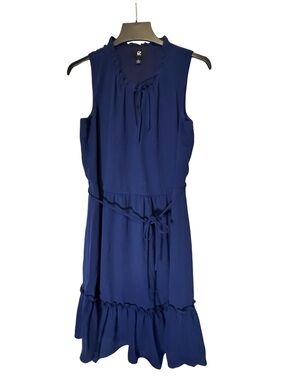 Women’s Sleeveless Ruffle-Hem Blue Dress with Tie Waist Size Large